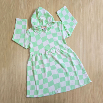 Green-White Check Girls Fancy Hoodie